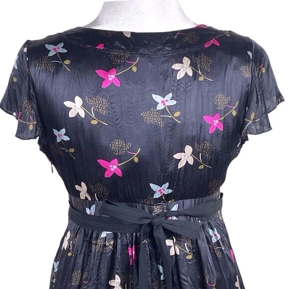 Free People Silk Floral Fit & Flare Dress Size 4 Black Short Sleeve V-Neck Boho - Picture 7 of 15